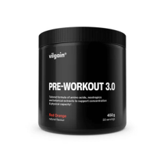 Vilgain Pre-Workout 3.0 pulveris sarkanoranžā krāsā sporta dzērienu pudelē ar dinamiska treniņa fonu