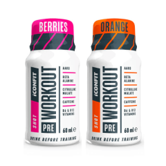 ICONFIT Pre-Workout Shot pudelīte ar apelsīna vai ogu garšu.