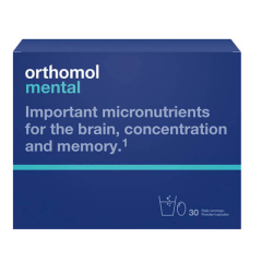 Orthomol Mental – Smadzeņu darbības uztura bagātinātājs ar B grupas vitamīniem, omega-3, magniju un adaptogēniem koncentrēšanās un kognitīvo funkciju atbalstam.